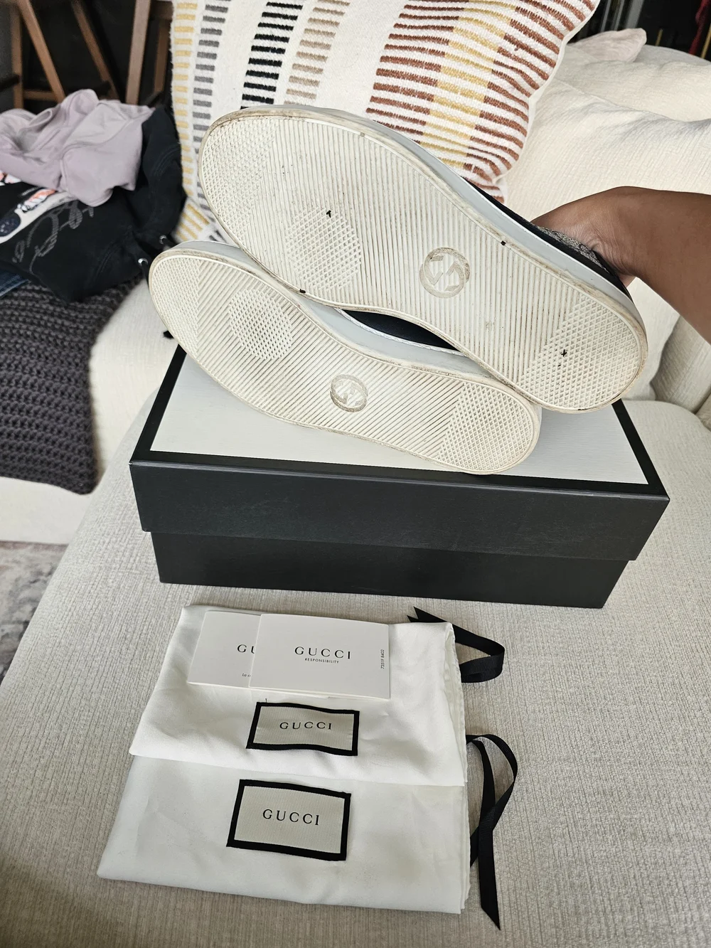 Gucci Men's Navy Leather & GG Canvas Low-Top Sneakers